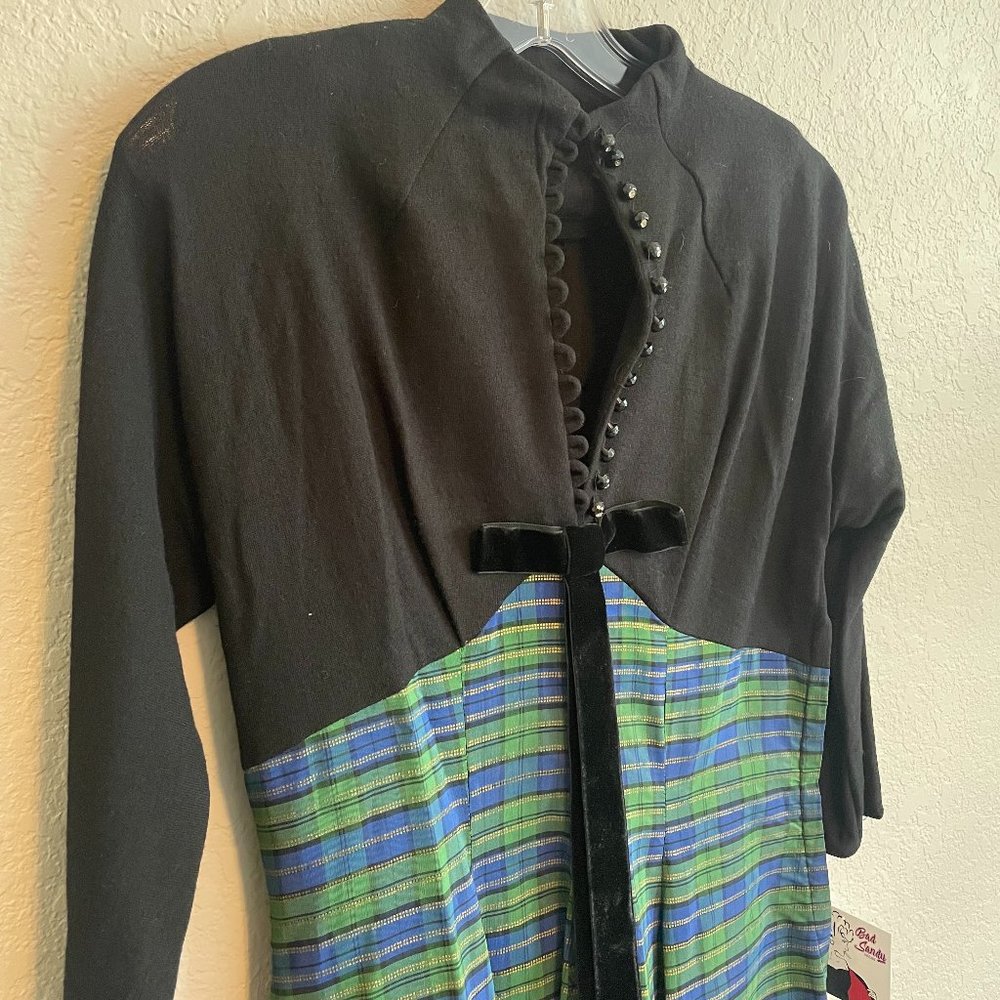 Wounded Black and Plaid Empire Waist Dress 40s/50s